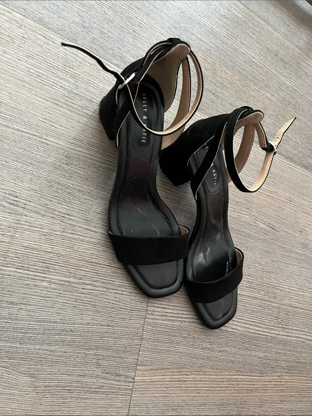 Kelly & Katie Black Suede Block Heel Ankle-Strap Sandals